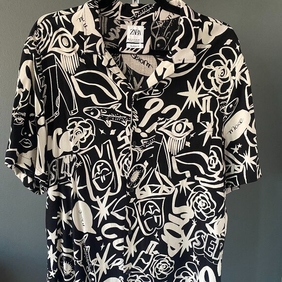 ZARA Print Shirt. Size M. Relaxed Fit. Black & White - Picture 2 of 4